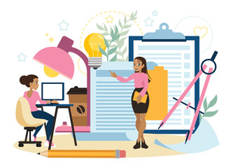 A student girl is sitting at a computer, and the teacher is giving a lecture. The concept of learning. Student and the path to a modern profession. Flat vector illustration in cartoon style.