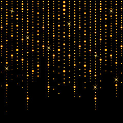 Obraz na płótnie Canvas Vector holiday background with shiny golden star glitters. Vertical lines of multiple glowing sparkles on dark backdrop. Abstract confetti garland pattern. Holiday lights falling down illustration.