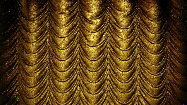 Realistic 3D animation of the stylish and fancy golden metallic shining textured stage curtain with colorful glittering sequins rendered in UHD with alpha matte