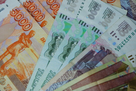 Russian money of different denominations in close-up.