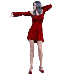 Beautiful brunette woman red short dress.