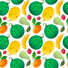 cute kawaii fruits seamless pattern