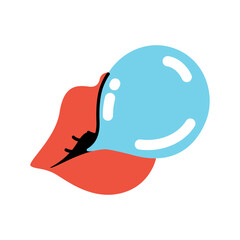 Obraz premium A woman's mouth with red lipstick inflates a bubble of chewing gum. Women's support and solidarity. The concept of the Women's movement. Stylized flat style. Vector illustration on isolated background