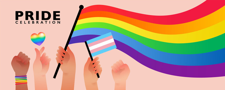 Banner of people hold rainbow flag with sign language hands represent pride month celebration