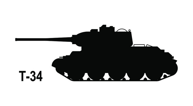 T-34 WWII battle tank. T-34 tank icon. Retro battle tank T-34. Vector illustration. Tank silhouette