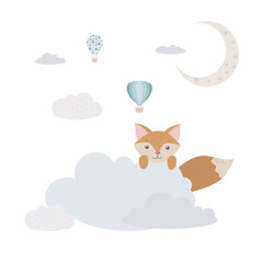 Cute fox on the cloud. The red fox hides among the clouds. Balloons and airship. Children's illustration, Cute print, vector. Isolated on a white background.