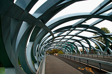 Geneva, Pont Hans-Wilsdorf - bridge over Arve river, named after Hans Wilsdorf, the founder of Rolex, bridge is called  'bird's nest'  because of its interwoven girders, Geneva, Switzerland, Europe