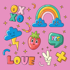 Sticker pack of funny cartoon characters. Vector illustration of comic heart, sun, fruits, berry, rainbow, clouds, flower, abstract faces etc. Big set of comic elements in trendy retro cartoon style.