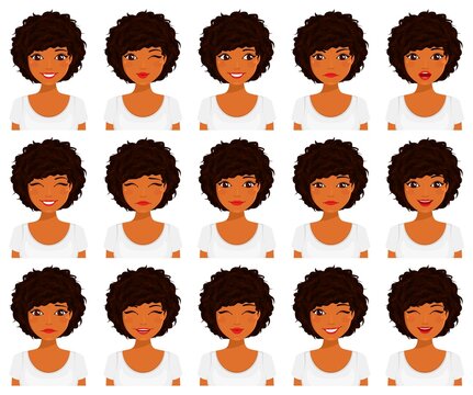 Beautiful girl with different facial expressions. Set of emotions. Flat style on white background. Cartoon.