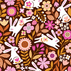 Materiał do szycia Seamless vector pattern with cute white rabbits on floral background. Perfect for textile, wallpaper or print design. 

