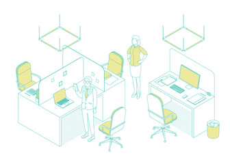 Isometric office with working people. Vector illustration flat design isolated. Male and female characters. Office and casual clothes. Outline, linear style, line art. Desk, chair, computer, office sp