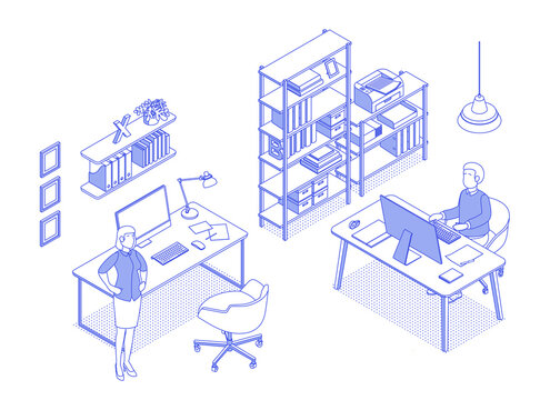 Isometric office with working people. Vector illustration flat design isolated. Male and female characters. Office and casual clothes. Outline, linear style, line art. Desk, chair, computer, office sp