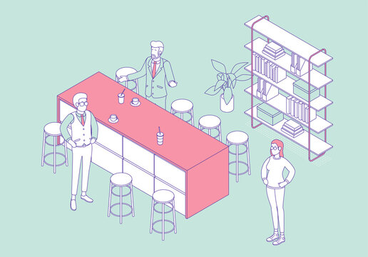 Isometric office with working people. Vector illustration flat design isolated. Male and female characters. Office and casual clothes. Outline, linear style, line art. Workspace, coworking, meeting.