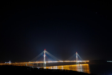 Russian bridge in Vladivostok across the Eastern Bosphorus. Russian bridge at night.