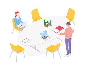 Isometric office with working people. Vector illustration flat design isolated. Male and female characters. Office and casual clothes. Conference room, meeting, laptop, corporation.