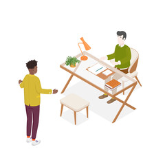 Fototapeta premium Isometric office with working people. Vector illustration flat design isolated. Male and female characters. Office and casual clothes. Desk, chair, computer, office space.