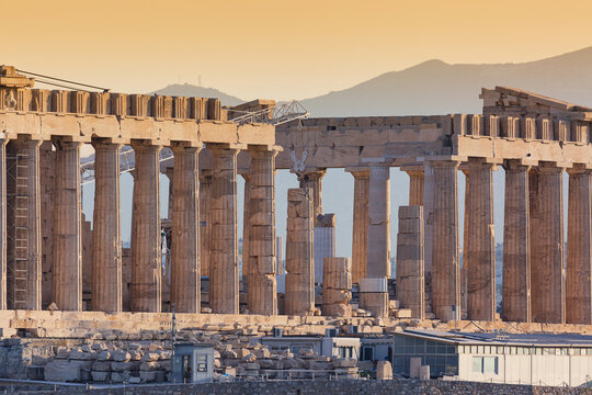 World famous iconic Parthenon on the Acropolis Hill in Athens, Greece during sunrise
