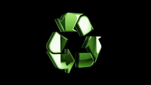 Recycling icon, waste data management and sustainable industry golden metal shine rotating symbol concept. Glowing and reflection light icon abstract. Seamless and looped rotate 3d animation.