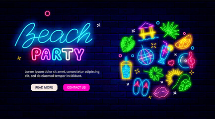 Fototapeta premium Beach party neon greeting card. Circle layout with summer icons. Season eevent concept. Vector illustration