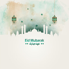 Islamic greetings eid mubarak card design with lantern and grunge background
