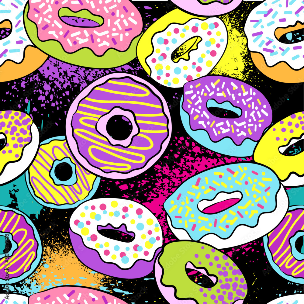 Wall mural Vector seamless pattern with colorful donuts with rainbow background.