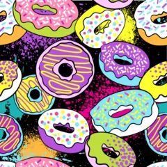 Poster Im Rahmen Vector seamless pattern with colorful donuts with rainbow background. © artlavi_design