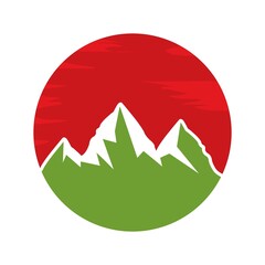 Mountain Logo with circle sign. Flat design. Vector Illustration on white background.