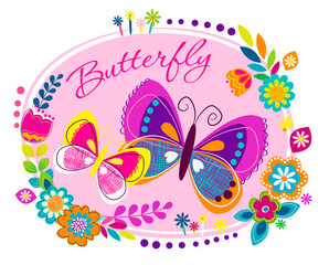 Fototapeta na wymiar Abstract drawing for t-shirts with colorful butterfly. Creative design for girls. Fashion illustration in modern style for clothes on white background.
