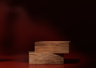 Modern wood pedestal or podium for product showcase. Boxe shape pedestal. Dark red background. Empty stage. Leaf shadow. 3d render illustration