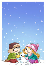 Illustration of children making a small snowman