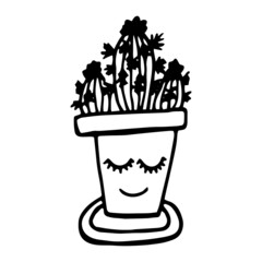 Hand drawn cute doodle cactus in a flower pot.