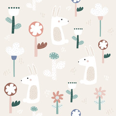 Seamless pattern with white bunny and big flowers. Pastel kids print. Vector hand drawn illustration. - 500319174