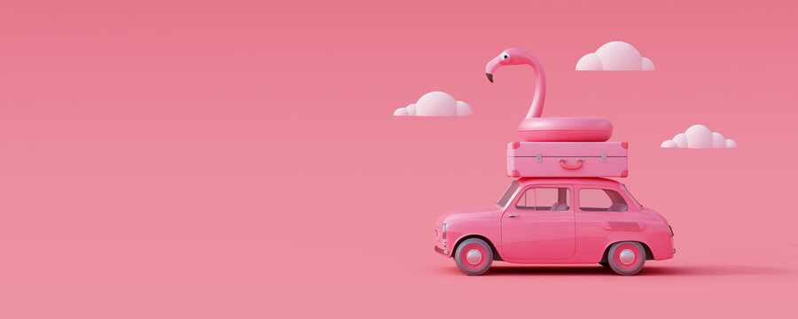 Car with luggage and flamingo on pastel pink background. Creative summer concept 3D Render 3D illustration