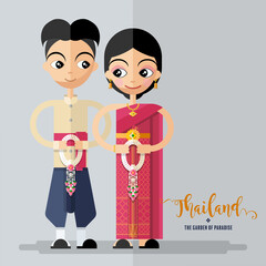 Cute cartoon characters girl in traditional dresses of thailand or thai traditional dance costume  in flat design color style on paper background