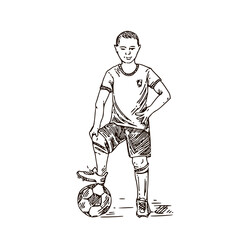 Boy in a sports uniform stands with a soccer ball. Sketch. Engraving style. Vector illustration.