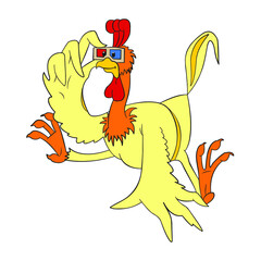 funny rooster in stereo glasses, cartoon, on a white background