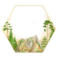 Watercolor mountains frame. Hand drawn hexagon template, green mountain range and pine trees isolated on white. Geometric border for landscape invitation design, summer nature illustration.