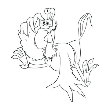 funny rooster in glasses, cartoon pic, outline