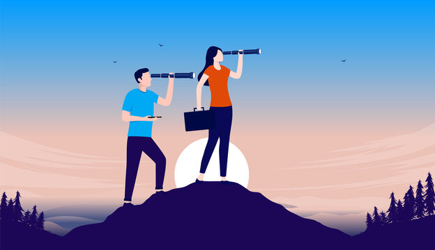 Businesspeople looking for opportunities - Man and woman standing outdoors with binoculars doing research. Flat design vector illustration with copy space