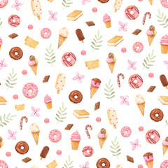 Seamless cute pattern with different ice creams, sweets, donuts with icing and sprinkles, twigs and flowers, made in delicate pastel colors in watercolor