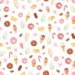 Gordijnen Seamless cute pattern with different ice creams, sweets, donuts with icing and sprinkles, twigs and flowers, made in delicate pastel colors in watercolor © CreatArtStudio