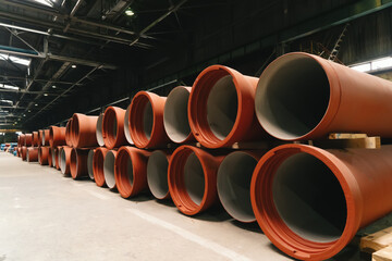 New cast and painted iron pipes for wastewater pipeline construction in warehouse storage.
