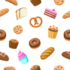 Bakery products and desserts seamless pattern flat vector illustrations. Bread, donut, croissant, muffin, cookies. Bakery food illustrations. Sweet products. Baking Showcases icon.	