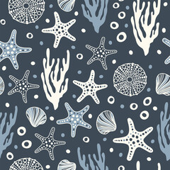 Sea bottom seamless pattern.Summer beach hand-drawn seaside vector print.Undersea world cartoon background with sea urchin, starfish, shell, coral. Seashore elements design for fabrics, wallpaper