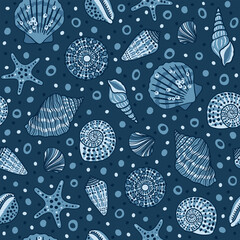 Sea bottom seamless pattern.Summer beach hand-drawn seaside vector print.Undersea world cartoon background with sea urchin, starfish, shell, coral. Seashore elements design for fabrics, wallpaper