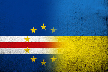 The Republic of Cabo Verde National flag with National flag of Ukraine. Grunge background
