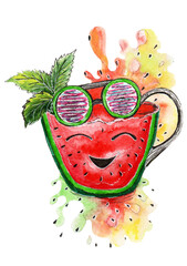 Watermelon fresh in the shape of a cup with mint leaves and sunglasses with a splash of juice on a white background.Idea for summer.