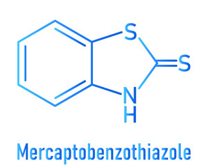 Mercaptobenzothiazole or MBT skin sensitizer molecule skeletal chemical formula. Used as rubber vulcanising agent.