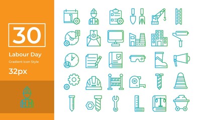 Simple Labour Day icon set gradient style. Contain such labor day calendar, schedule, factory, ruler, and more.	