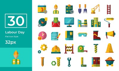 Simple Labour Day icon set flat style. Contain such labor day calendar, schedule, factory, ruler, and more.	